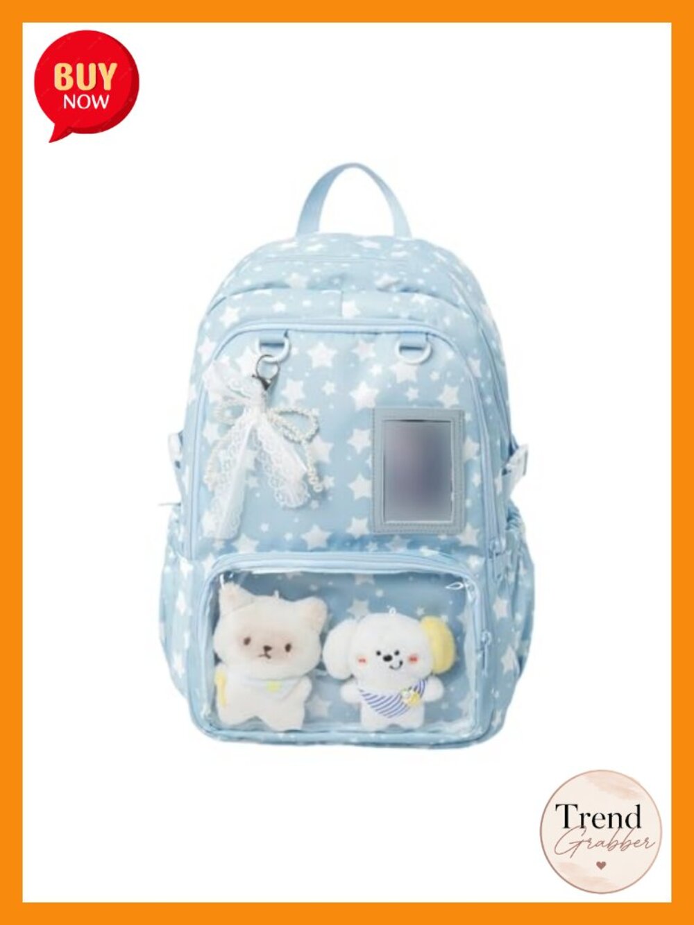 Kawaii Nylon Ita Backpack with Clear Window Lace Bow Star Pattern Large Capacity